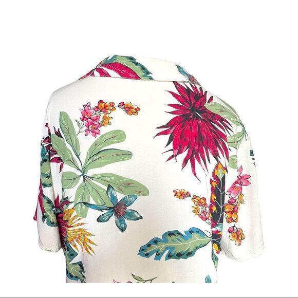 Japna Hawaiian Blouse Tie Waist White Pink Tropical Floral Short Sleeve Women S - Picture 5 of 8